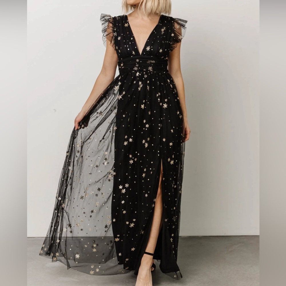 Baltic Born Nova Shimmer Maxi Dress in Black and gold